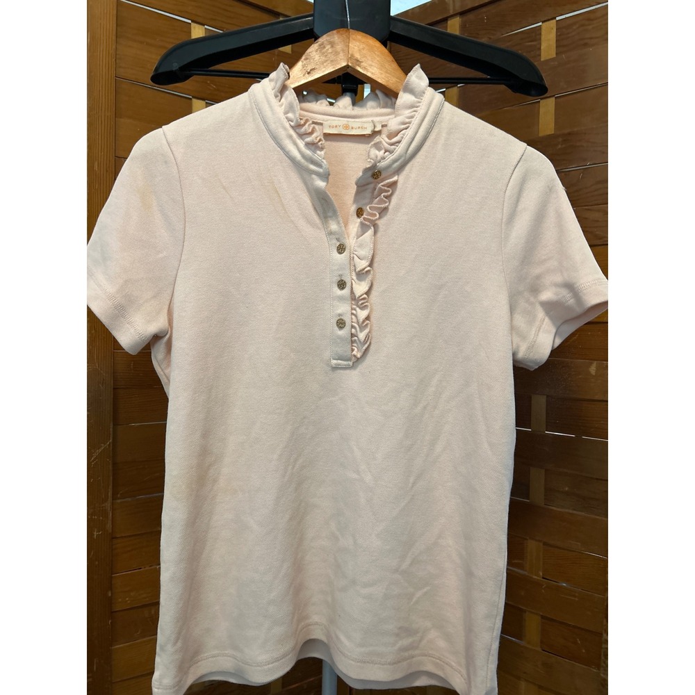 Tory Burch Pink Ruffle Collar Polo Shirt Short Sleeve Women's Size L‎